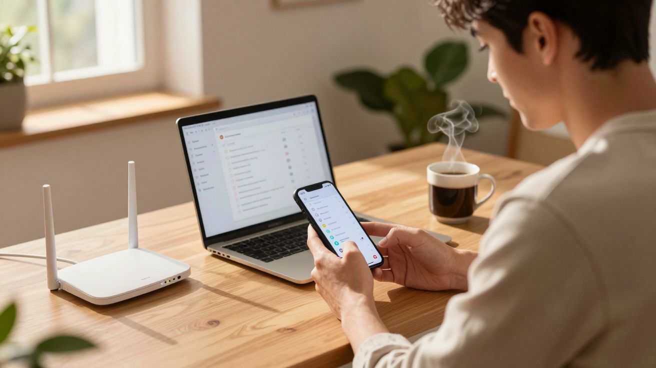 Pessoa usando celular e laptop em mesa de madeira com roteador e xícara de café fumegante.