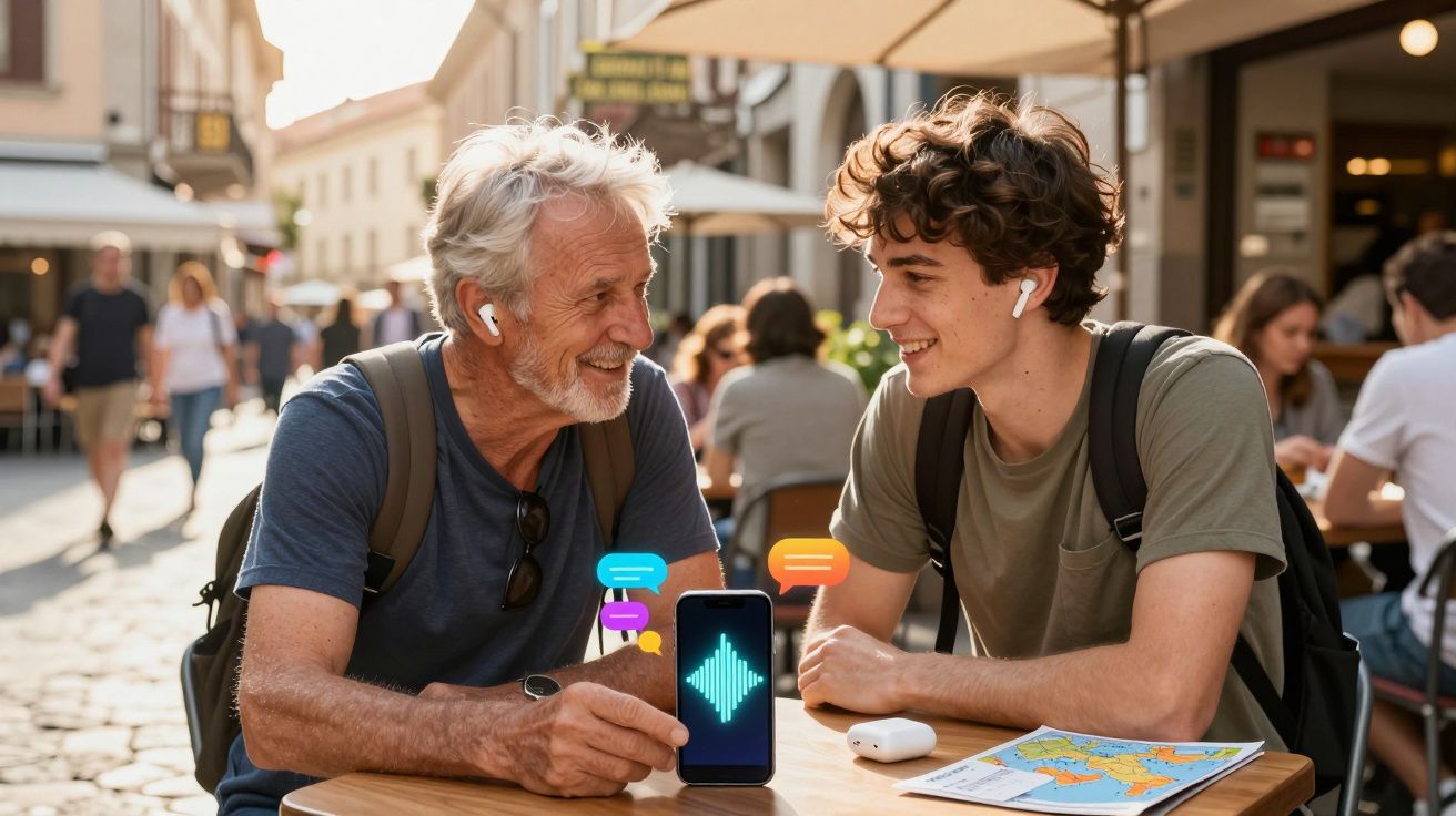 Homem idoso e jovem conversando em café ao ar livre com fones de ouvido sem fio e celular na mesa.