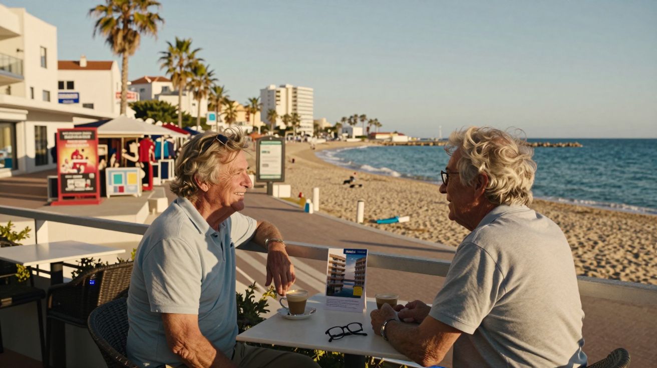 Dois homens idosos conversam em café ao ar livre com vista para a praia e o mar ao fundo.