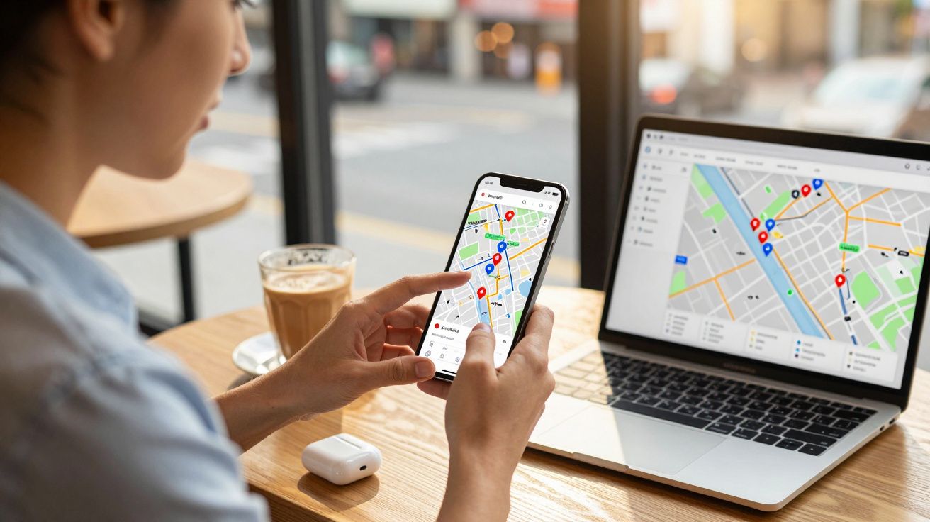 Pessoa usando aplicativo de mapas no celular com rota exibida, ao lado de notebook com mapa aberto.
