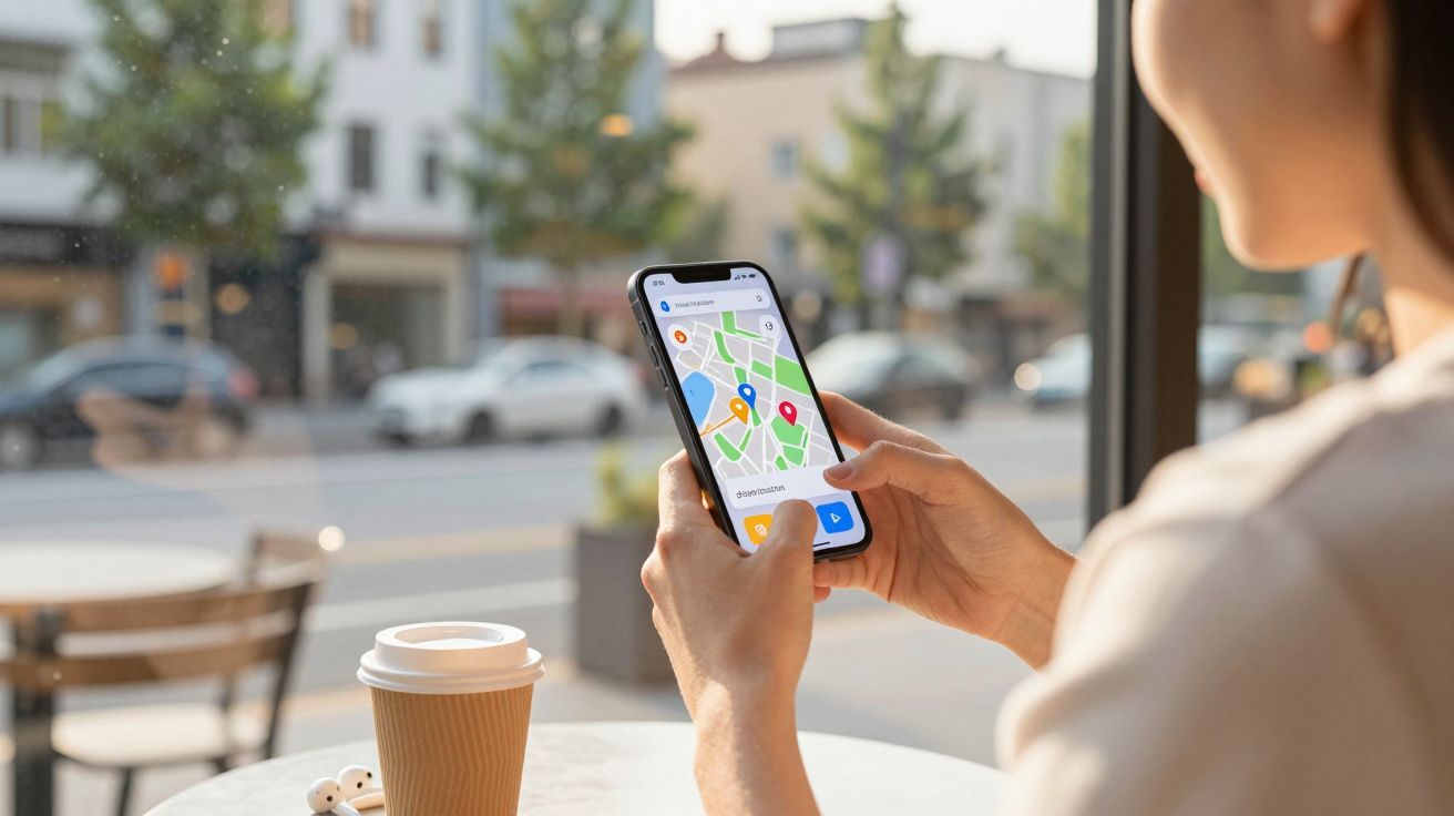 Pessoa usando smartphone com aplicativo de mapas em café ao ar livre, com xícara de café na mesa.