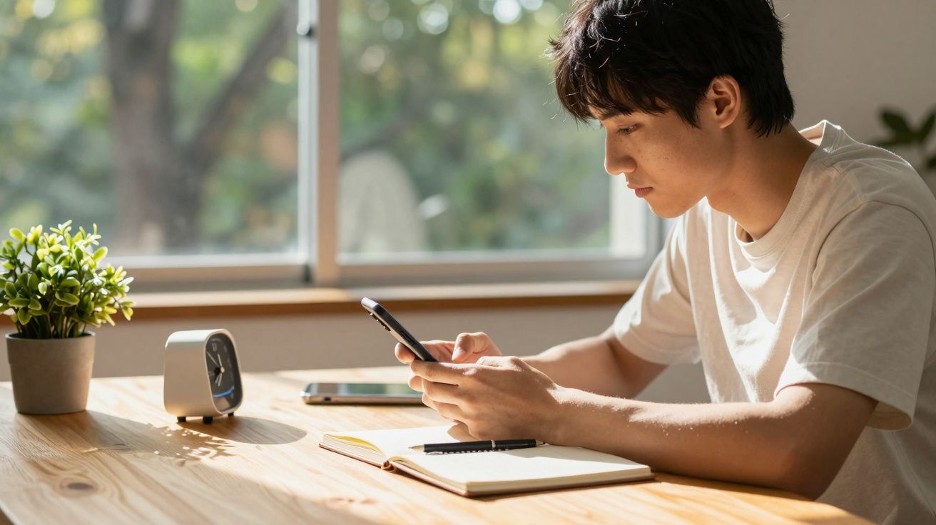 Jovem sentado à mesa usando celular, com caderno, relógio e planta ao lado em ambiente iluminado.