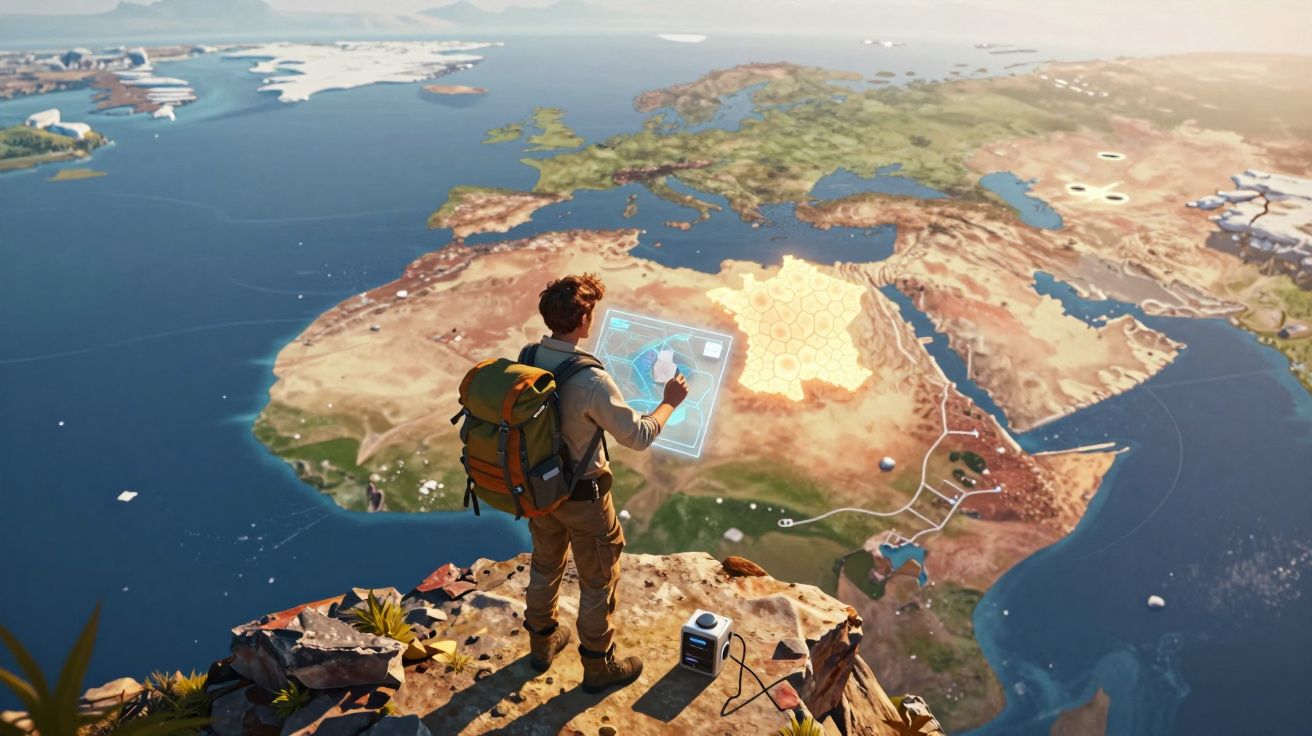 Pessoa com mochila em penhasco interage com mapa digital holográfico sobre o continente africano.