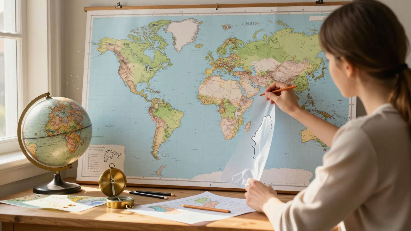 Pessoa desenhando mapa transparente sobre mapa mundi fixado na parede, com globo terrestre e bússola na mesa.