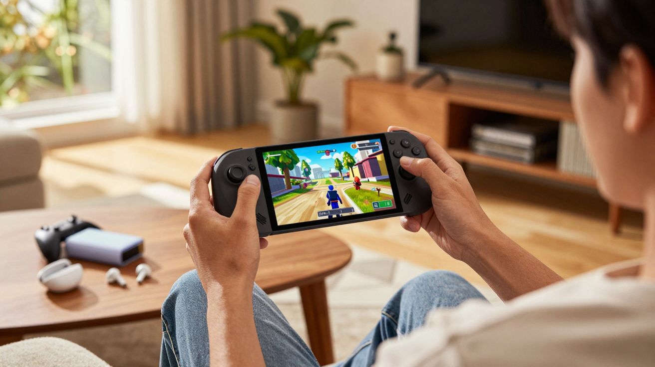 Pessoa segurando console portátil jogando videogame em sala de estar iluminada e aconchegante.