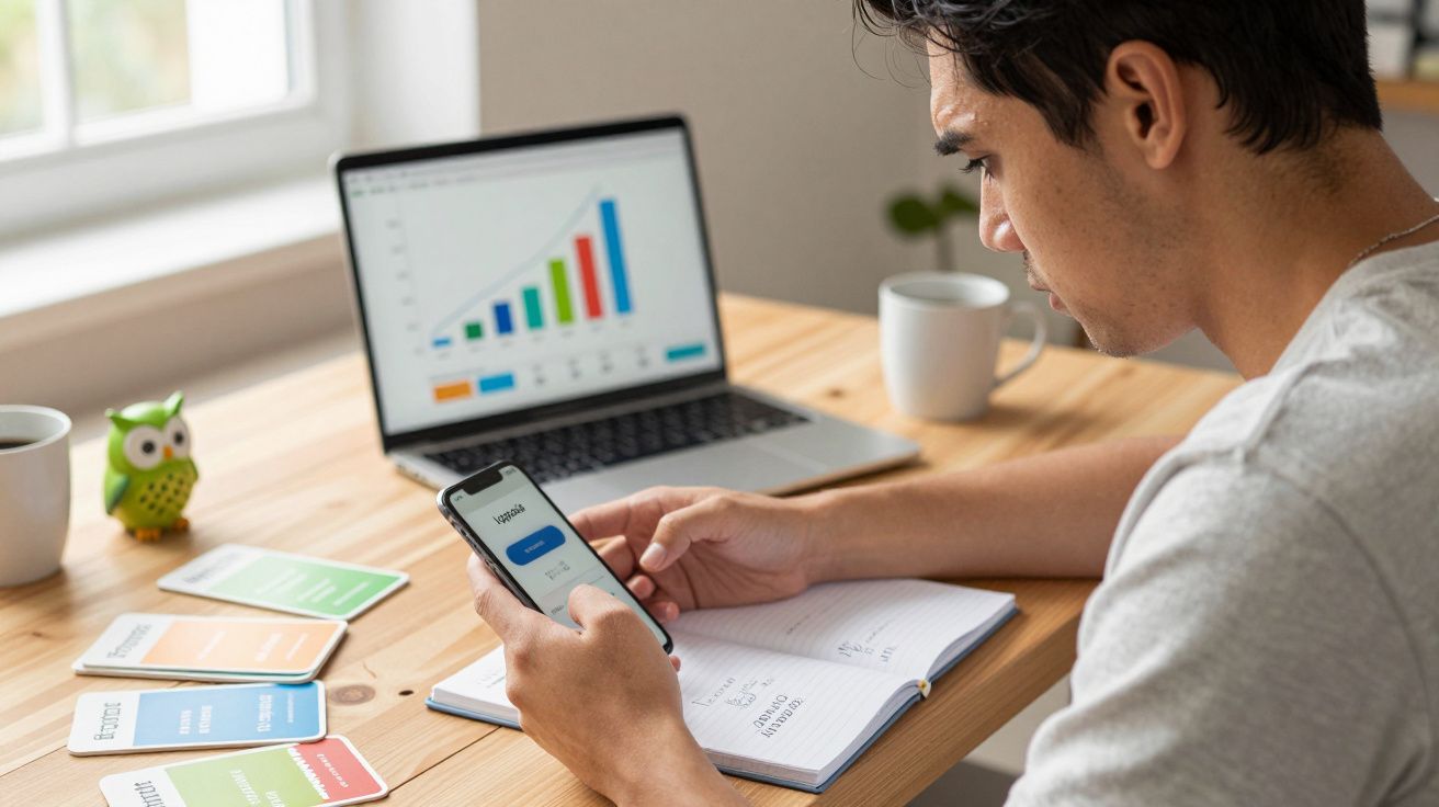 Jovem usando celular com aplicativo aberto e laptop com gráficos em mesa de trabalho organizada.