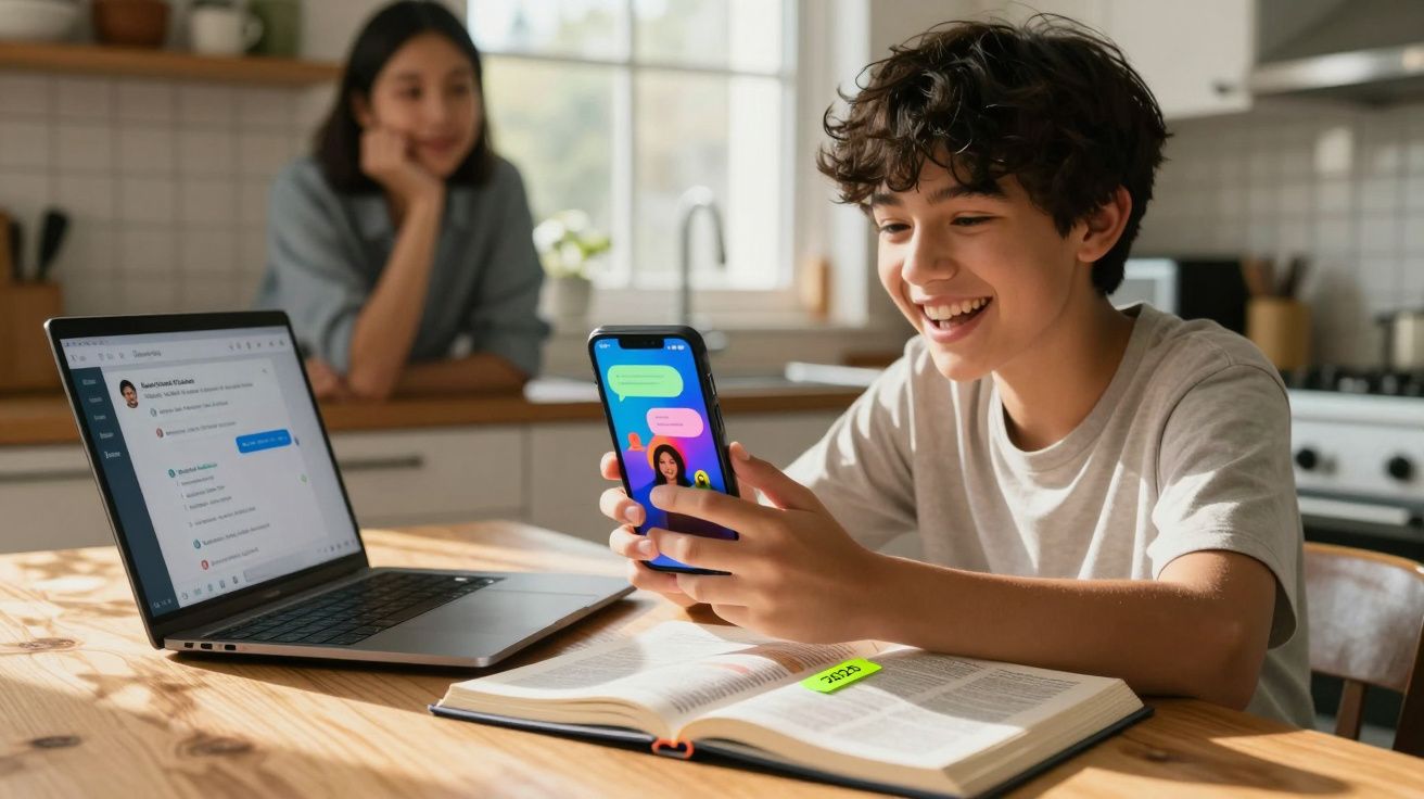 Criança sorrindo segurando celular com mensagens, sentada à mesa com livro aberto e laptop na cozinha.