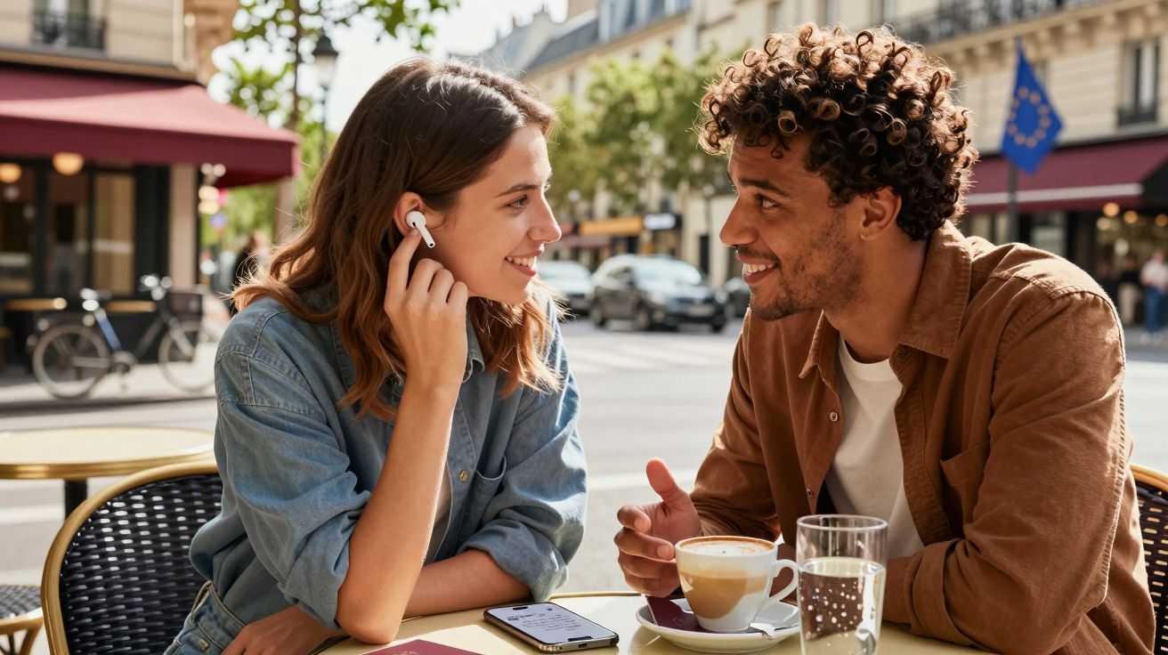 Casal jovem sorrindo e conversando em mesa de café ao ar livre em dia ensolarado.