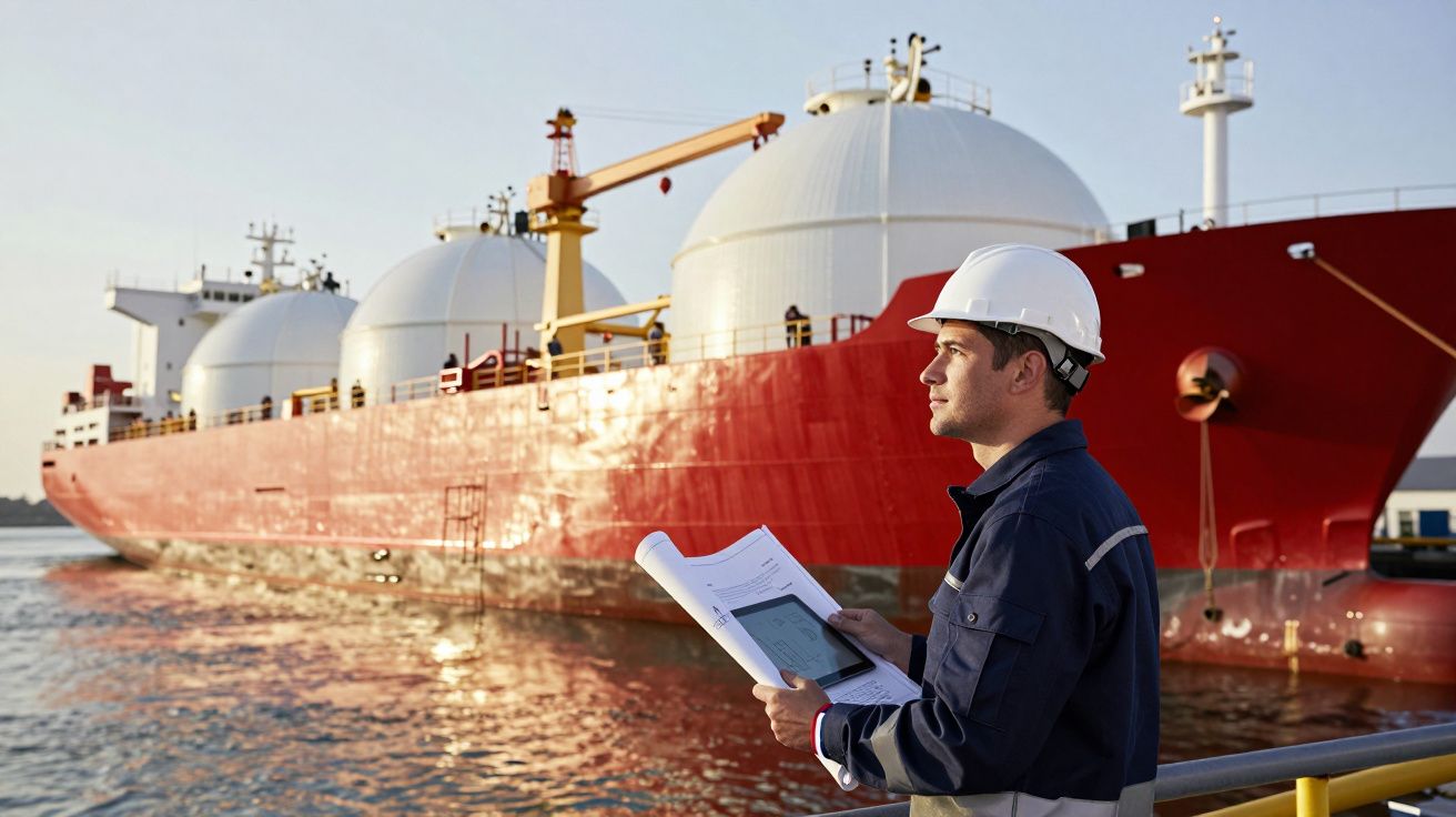Homem de capacete branco e roupa de trabalho observa navio tanque de gás natural liquefeito ao pôr do sol.