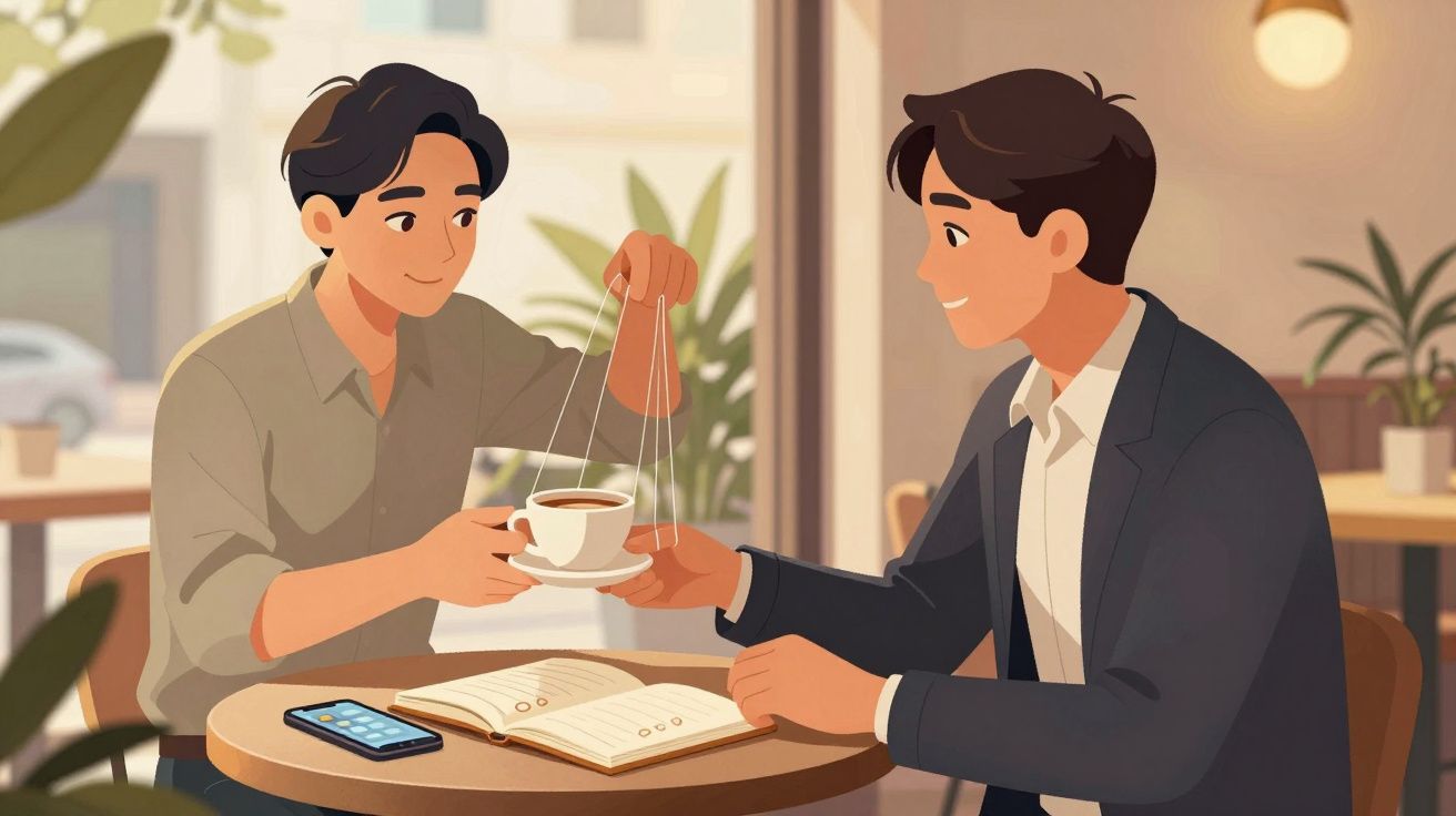 Dois homens sentados em cafeteria, um entrega uma xícara de chá para o outro, com livro e celular sobre a mesa.