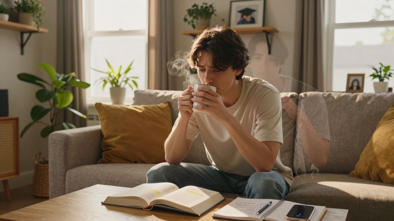 Jovem sentado no sofá segurando xícara fumegante com livros e caderno à sua frente.