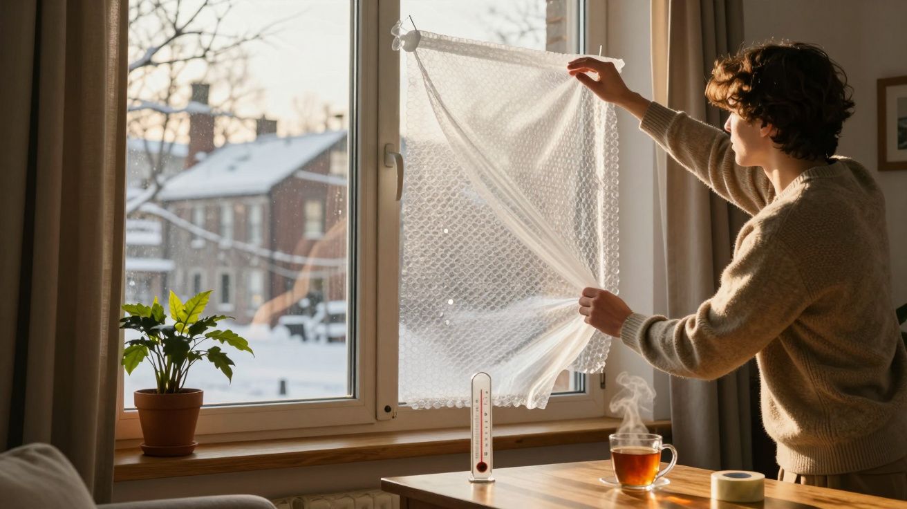 Pessoa aplicando plástico bolha na janela para isolamento térmico em dia frio de inverno com chá quente na mesa.