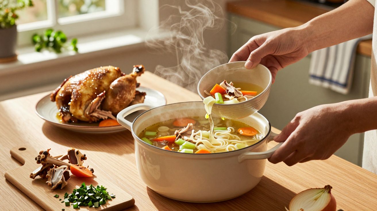 Pessoa servindo sopa quente de legumes e frango em tigela, com frango assado e legumes fatiados na mesa.