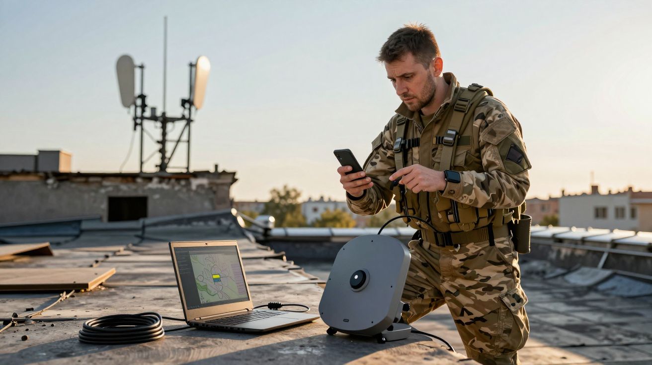 Homem militar em uniforme camuflado usando celular ao lado de laptop e equipamento em telhado ao ar livre.