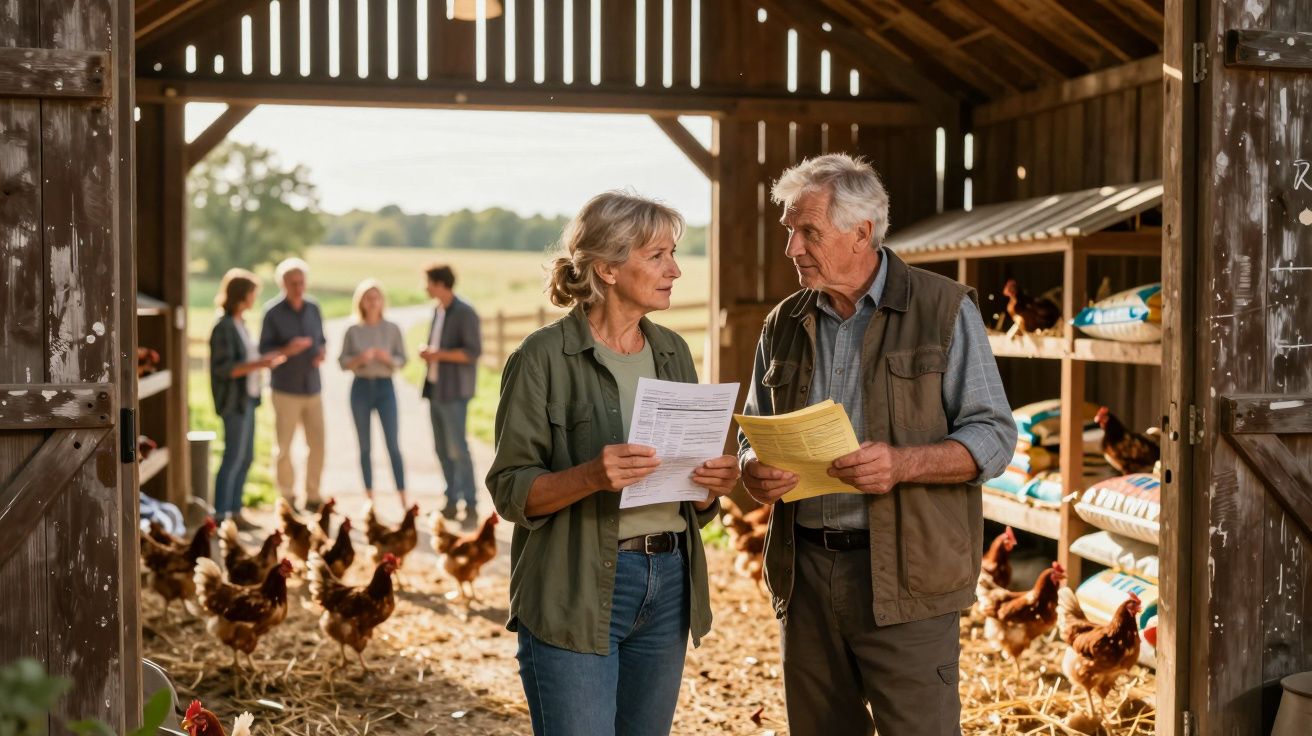 Casal de idosos conversando e segurando papéis dentro de galinheiro com várias galinhas e outras pessoas ao fundo.