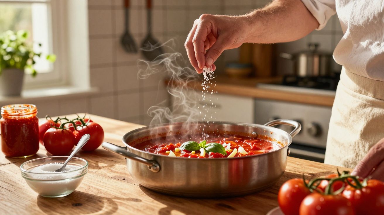 Mão salpicando sal em panela com molho de tomate fervente, tomates e temperos ao redor na cozinha.