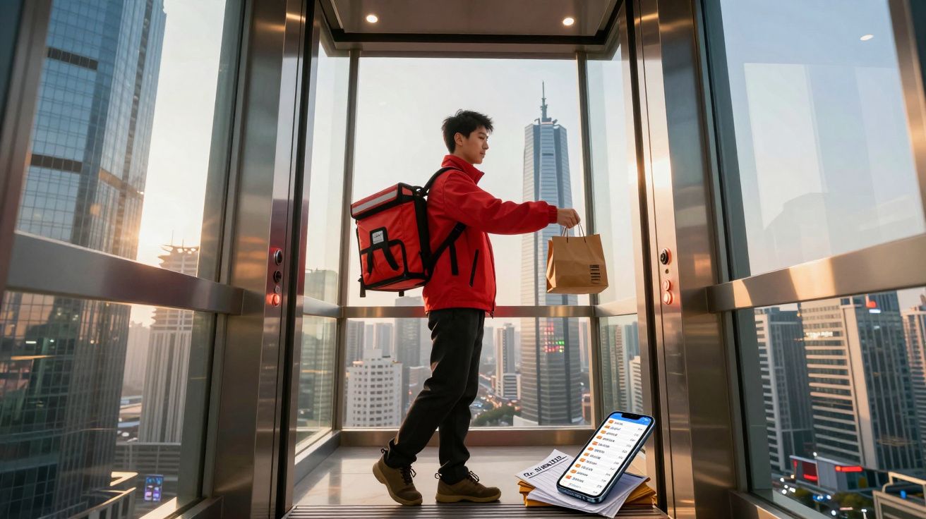 Entregador com mochila vermelha entrando em elevador de vidro com sacola, em prédio alto na cidade.