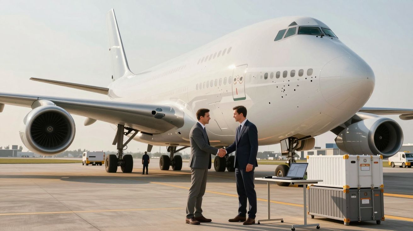 Dois homens de terno apertam mãos em frente a um grande avião branco em pista de aeroporto.