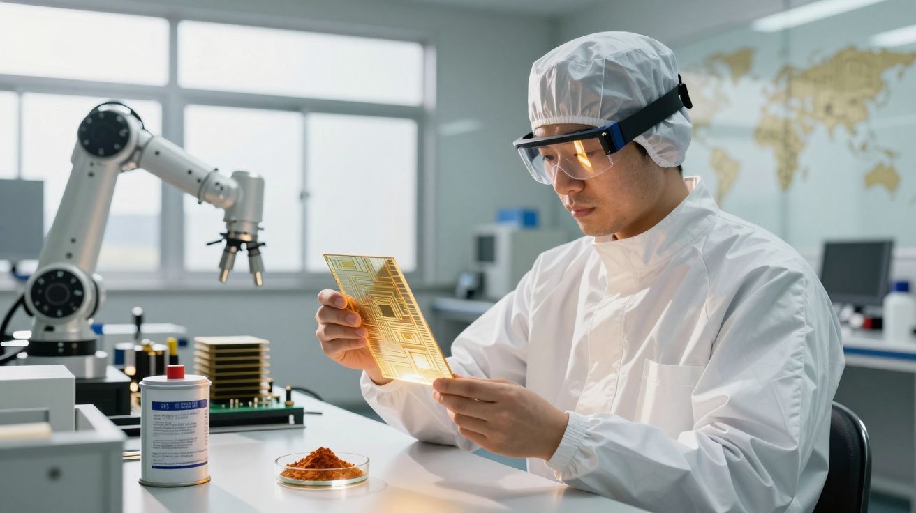 Cientista em laboratório segurando uma placa de circuito com equipamento de proteção e robô ao fundo.