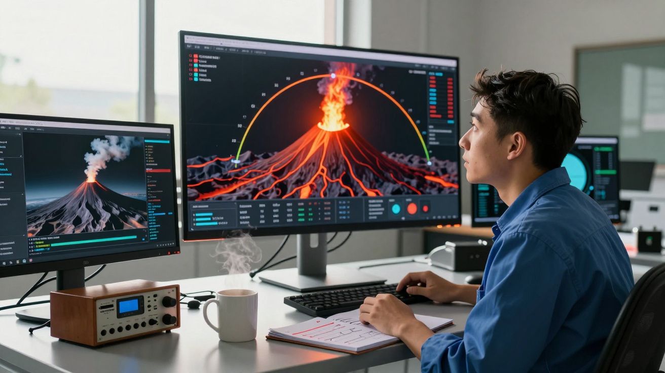 Homem analisando simulação digital de erupção vulcânica em dois monitores no escritório.