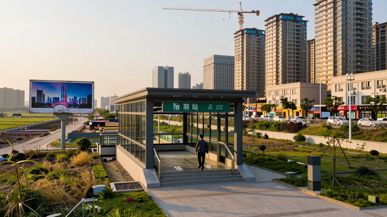 Estação moderna de metrô em área urbana com prédios altos e homem caminhando na entrada.