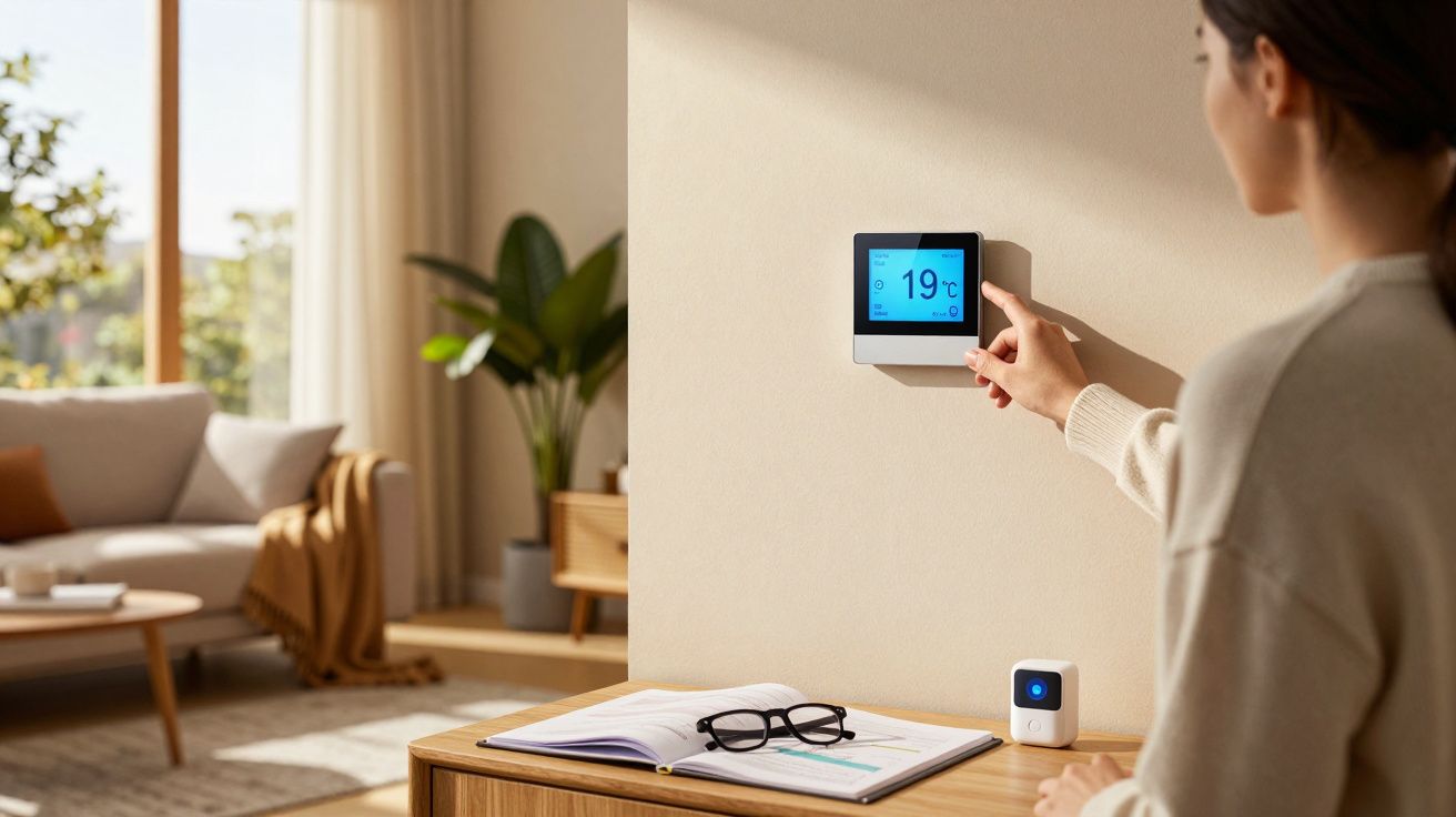 Pessoa ajustando termostato digital na parede em sala aconchegante com sofá, plantas e mesa com caderno e óculos.