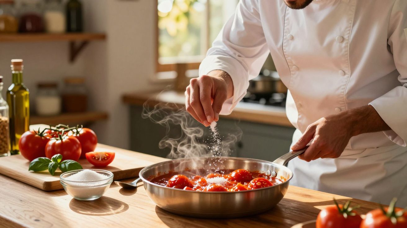 Chef adiciona sal em panela com tomates cozinhando em cozinha iluminada natural.