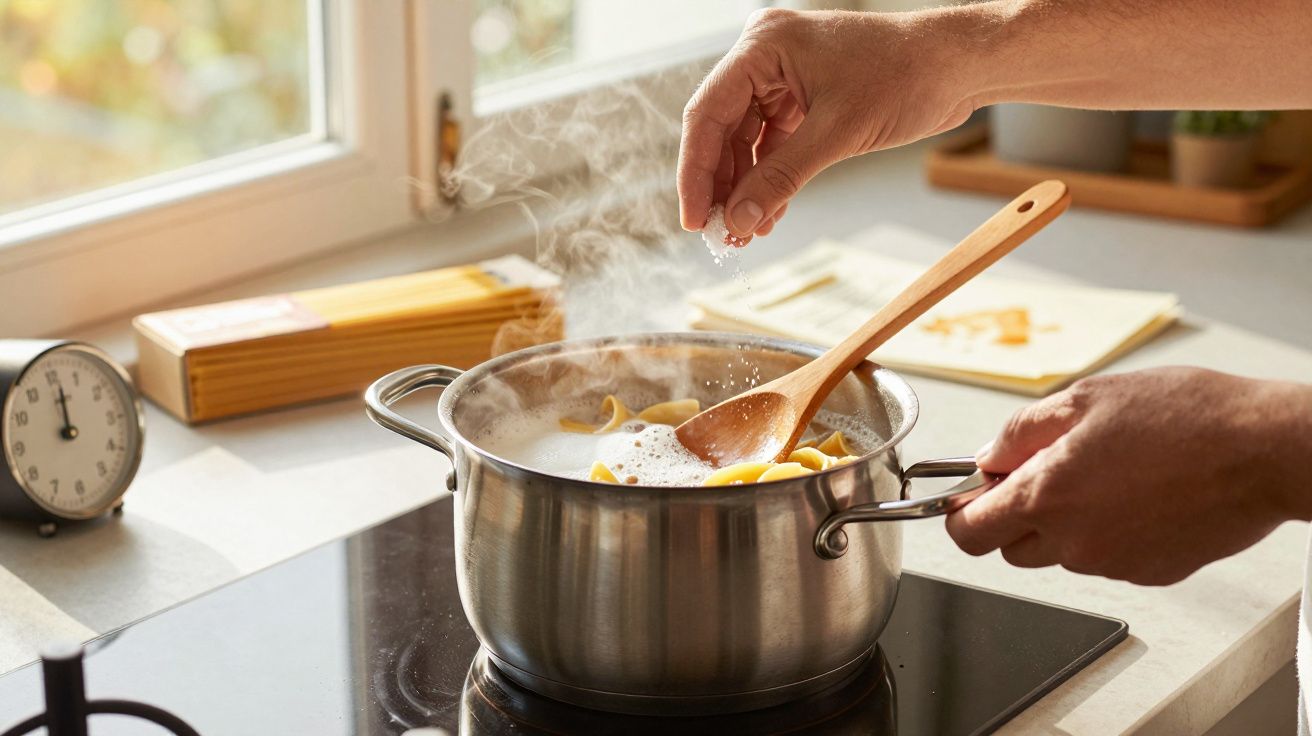 Pessoa cozinhando massa em panela com água fervente e sal na cozinha iluminada pela janela.