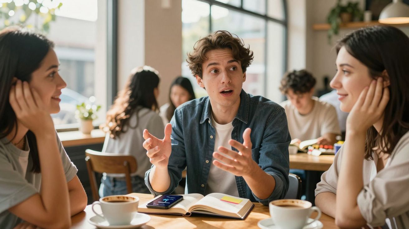 Jovem conversa animadamente com duas mulheres em café, com xícaras, livro aberto e celular na mesa.