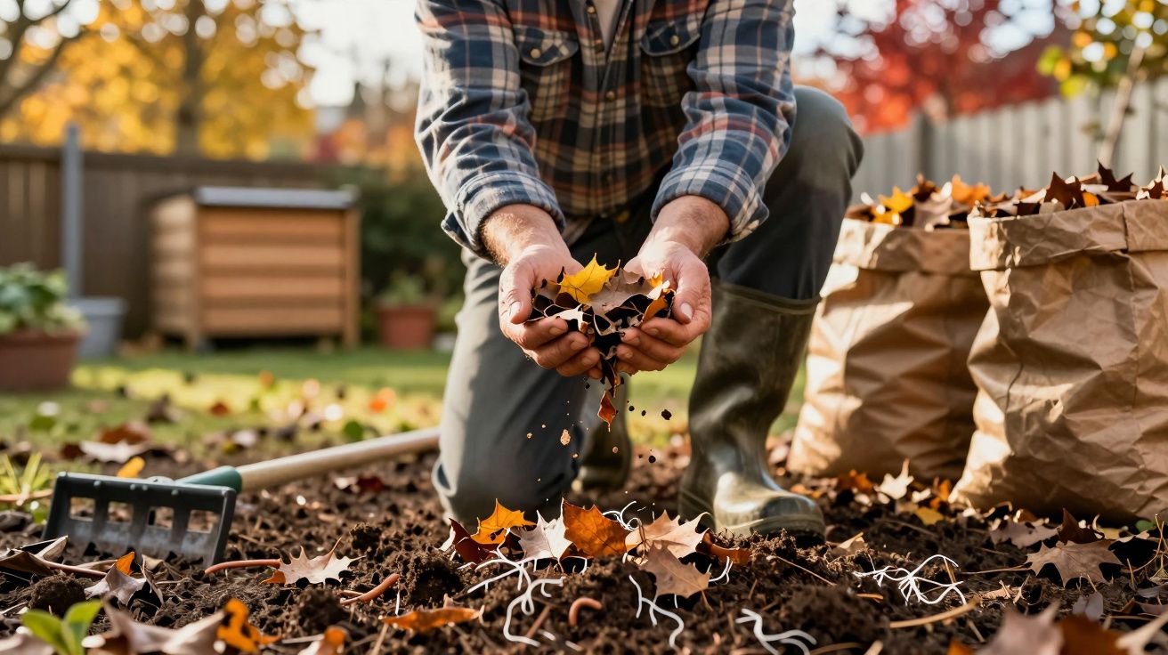 Pessoa com botas segurando folhas secas e terra em jardim, com sacos de folhas ao fundo.