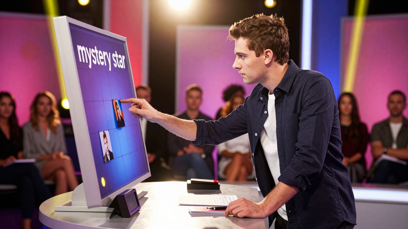 Jovem em programa de TV interagindo com painel digital mostrando "mystery star" diante de plateia.