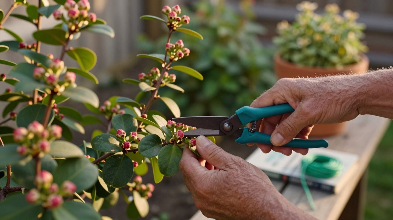 Mãos podando galho com flores pequenas e botões roxos usando tesoura de jardim azul.