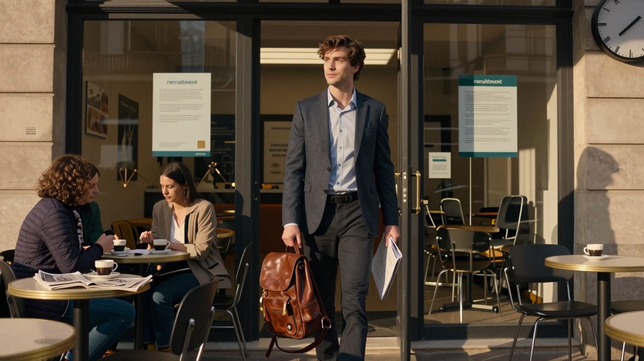 Homem de terno saindo de cafeteria com mochila de couro marrom e documento na mão, enquanto duas mulheres conversam.