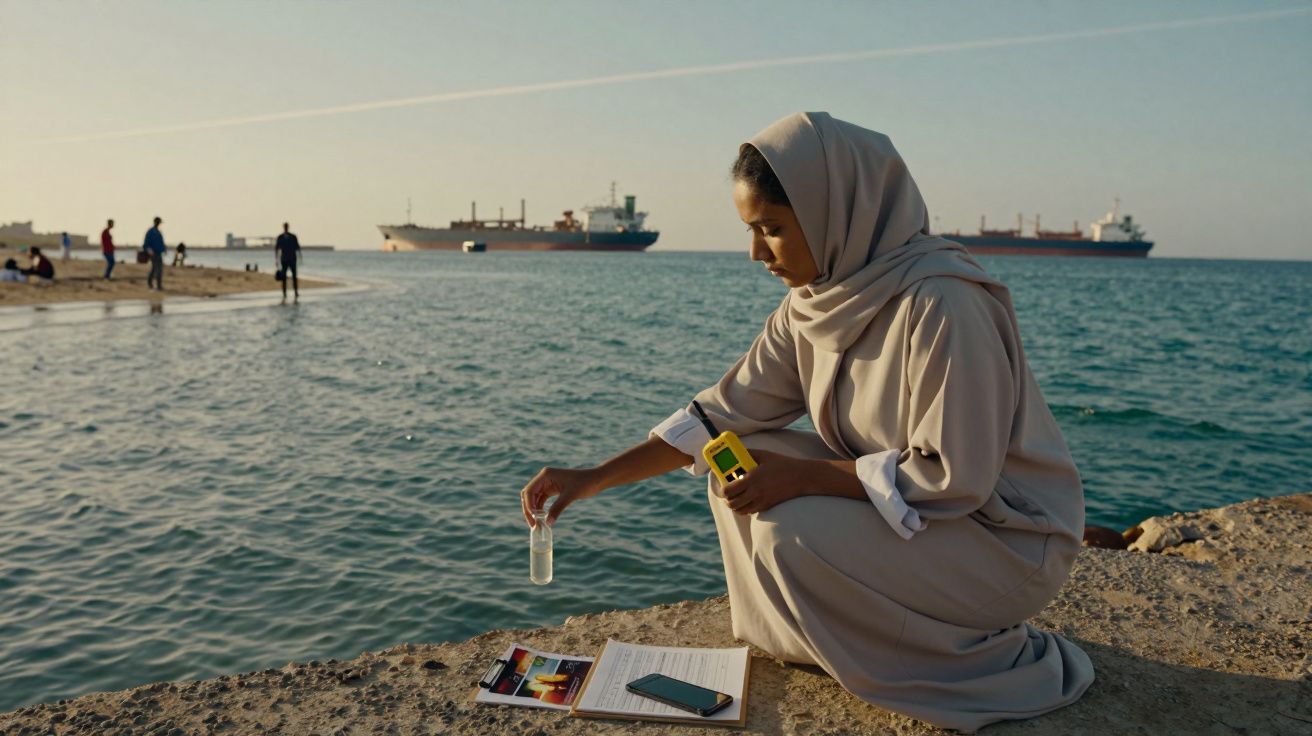 Mulher coletando amostra de água do mar em porto, com navios e pessoas ao fundo no entardecer.