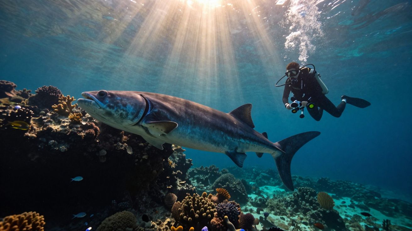 Mergulhador observa um grande peixe nadando próximo a um recife de corais sob a luz do sol.