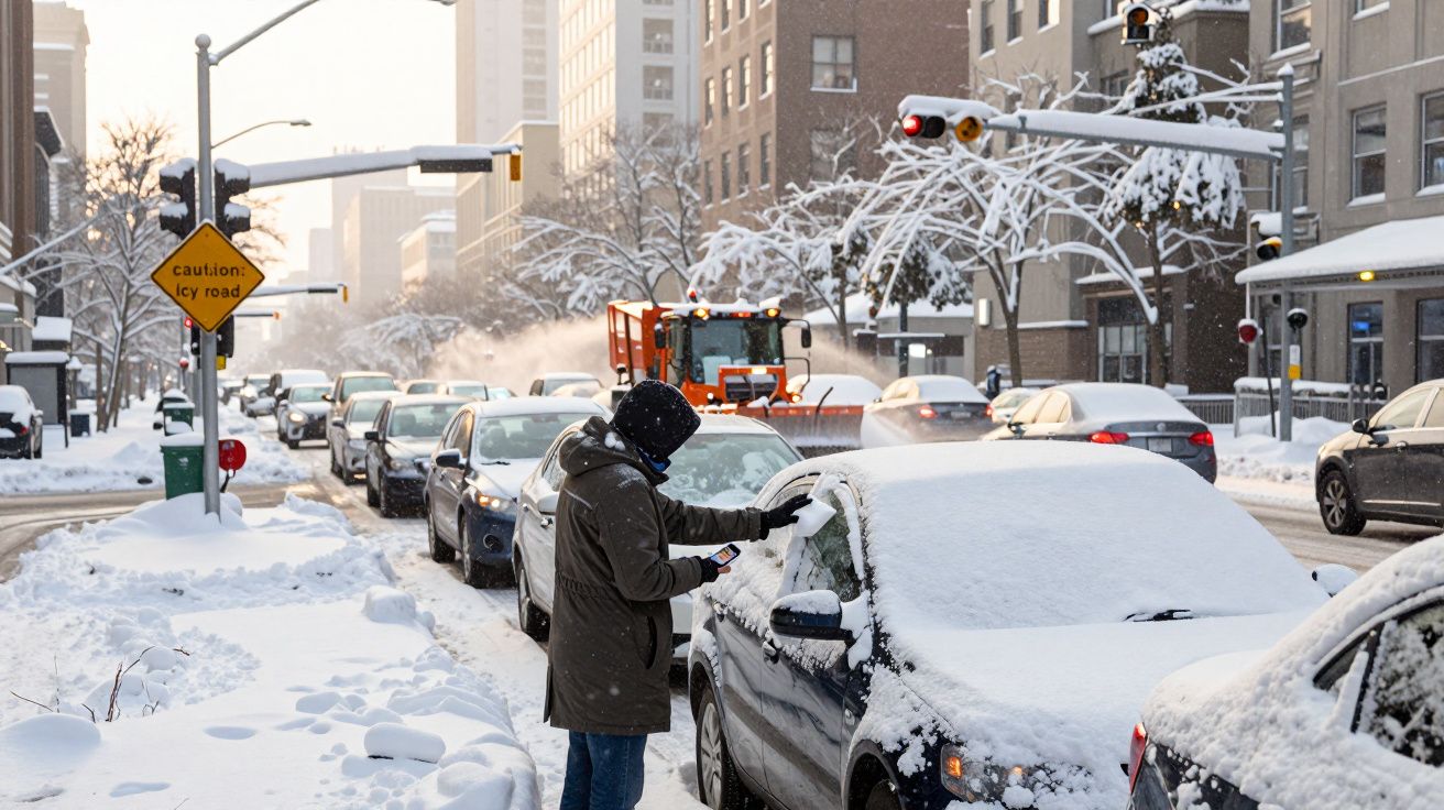 Pessoa limpando neve do para-brisa de carro estacionado em rua urbana coberta de neve no inverno.