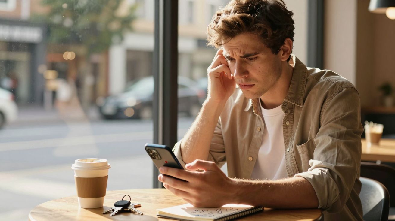 Homem jovem preocupado olhando celular sentado à mesa em cafeteria com café e caderno.