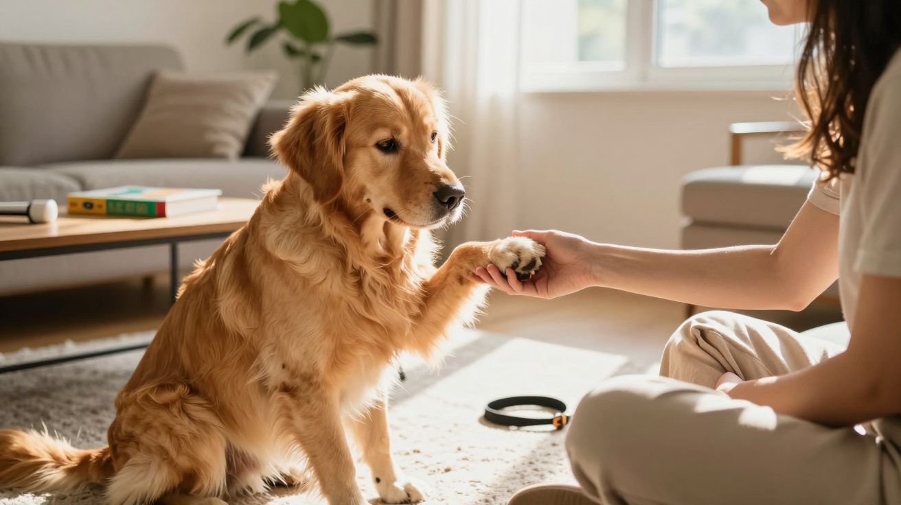 Mulher apertando a pata de um cachorro golden retriever em uma sala iluminada pela manhã.