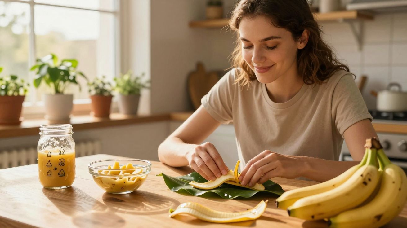 Mulher sorrindo descascando banana na cozinha com suco e fruta picada na mesa.