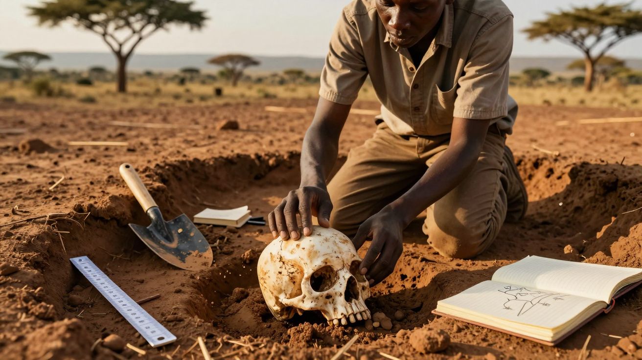 Arqueólogo examina crânio humano durante escavação em área seca com árvores ao fundo.