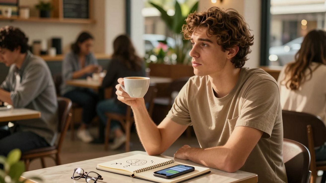Jovem sentado em cafeteria segurando xícara de café, com caderno, celular e óculos sobre a mesa.
