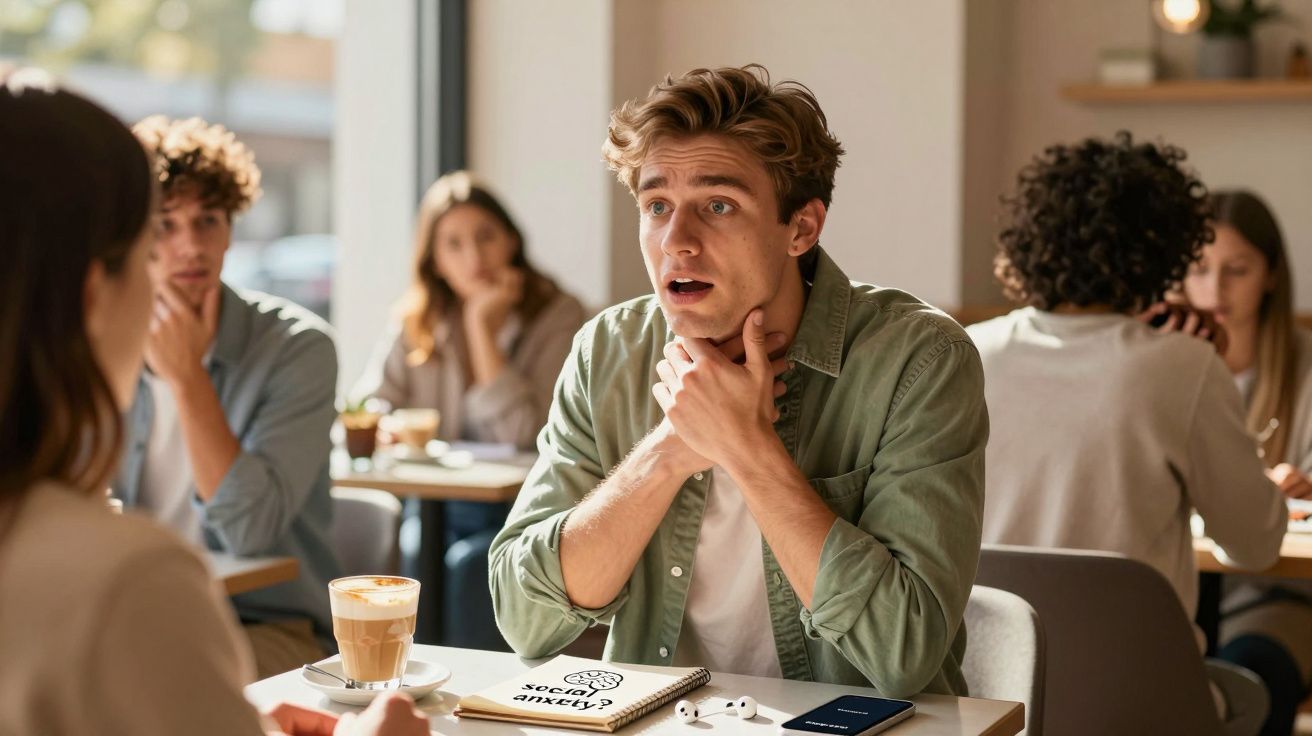 Homem jovem com expressão preocupada conversa em café, toca o pescoço, com caderno e celular na mesa.