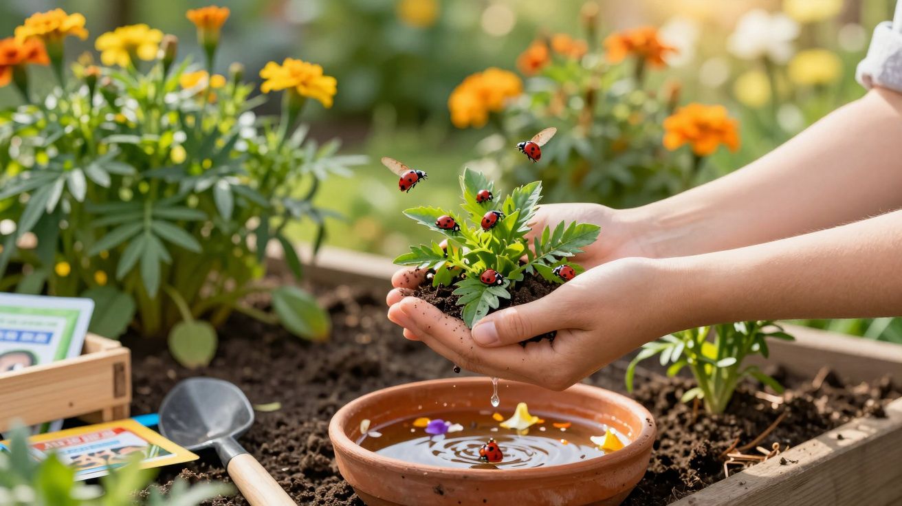 Mãos segurando planta com joaninhas voando, terra úmida, banco de jardim e flores ao fundo.