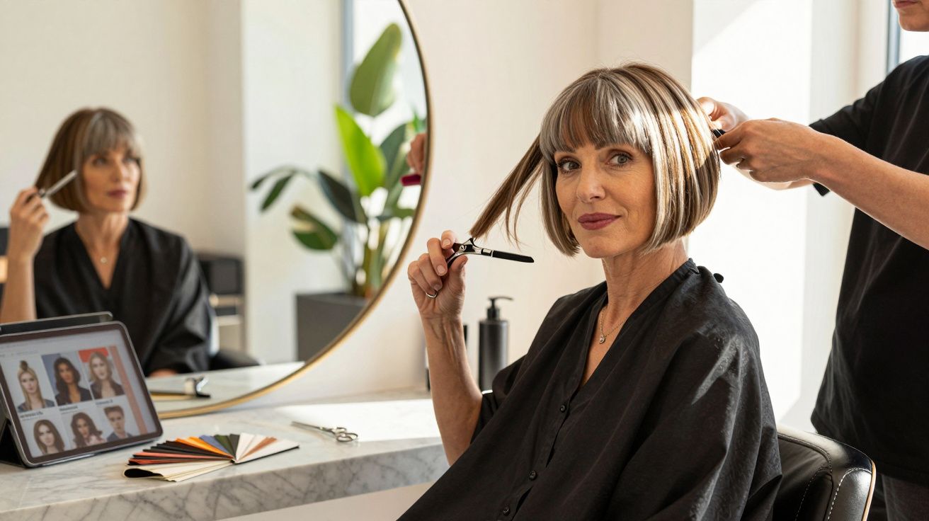 Mulher com cabelo curto sendo atendida por cabeleireiro em salão, segurando escova de cabelo.