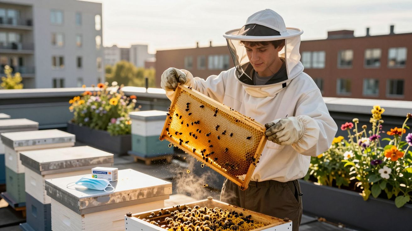 Apicultor jovem com roupa protetora manipulando favos de mel em colmeias urbanas na cobertura de prédio.