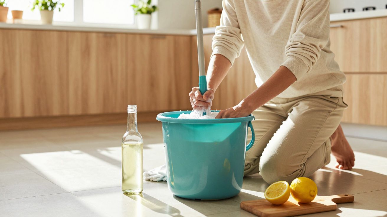 Pessoa esfregando esfregão em balde azul com limões e garrafa ao lado no chão da cozinha.