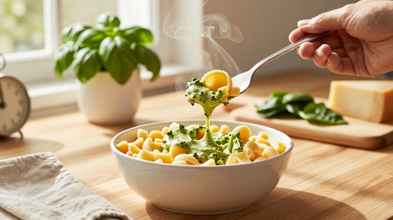 Tigela de macarrão com molho verde cremoso sendo puxado com garfo, em mesa com planta e queijo ao fundo.