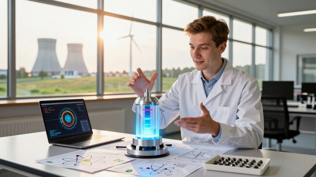 Cientista trabalhando com dispositivo luminoso azul e laptop em laboratório moderno com janelas grandes.