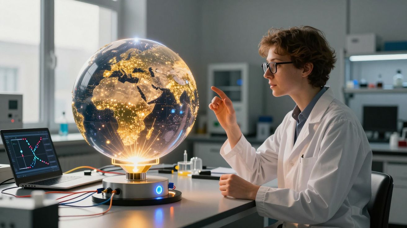 Jovem cientista em laboratório interage com globo terrestre digital iluminado e laptop com gráficos ao lado.