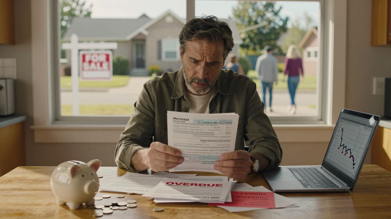 Homem preocupado analisa contas atrasadas em mesa, com cofrinho, moedas e notebook com gráfico em queda.
